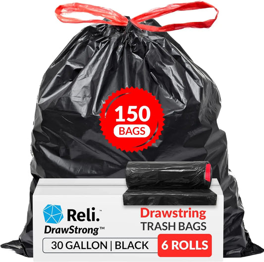 Heavy Duty 30 Gallon Black Trash Bags With Drawstring-150 Count